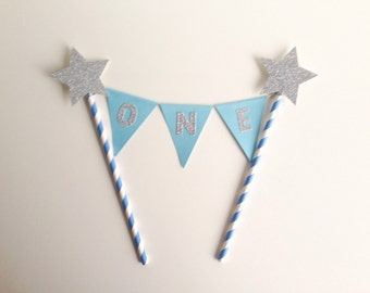 1st Birthday Bunting Cake Topper Blue and Silver