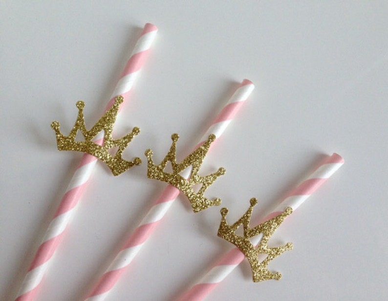 Princess Party Pink and Glitter Gold Crown Straws Bild 3