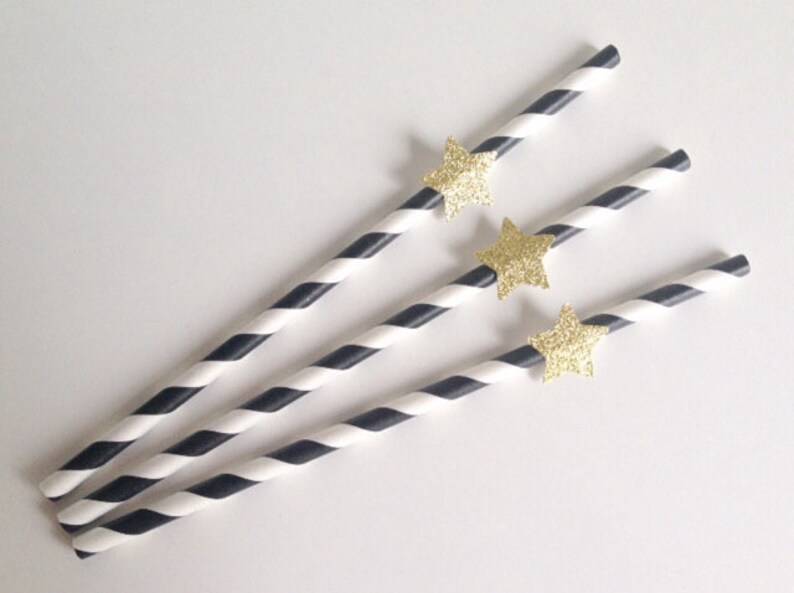 Birthday Wedding Party Black and White Stripe and Glitter Gold Star Straws