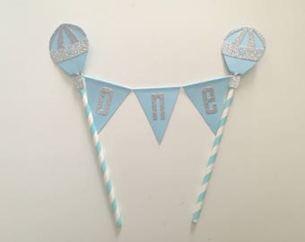 1st Birthday Balloon Cake Topper Blue and Silver Bunting