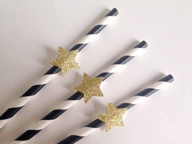 Birthday Wedding Party Black and White Stripe and Glitter Gold Star Straws
