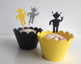 Robot cupcake Toppers black, Silver and Yellow Boys Party