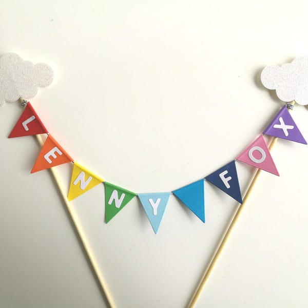 Personalised Birthday Cake Topper Rainbow Coloured Bunting with clouds