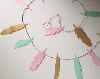 Feather Garland Pink, Gold and Mint Birthday Party or Girls Bedroom Decoration