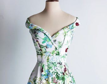 Summer meadow dress, off-the-shoulder dress, made-to-measure dress, green and blue floral, mother of the bride dress, wedding guest dress