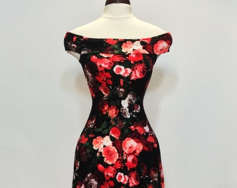 Maxi dress, summer dress, floral dress, red and coral dress, off-the-shoulder dress, wedding guest dress, mother of the bride dress