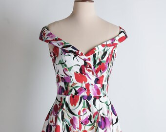 Tulip summer dress, floral dress, red purple and fuchsia dress, off-shoulder dress, mother of the bride dress, wedding guest dress