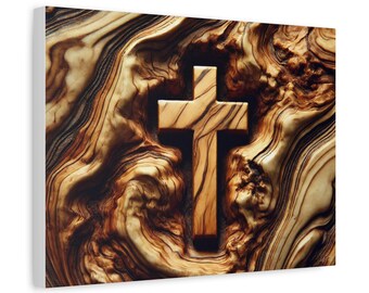 Canvas Print Wall Art, Cross Chiseled into Olive Wood Grain, Christian Decor, Matte, Stretched, Religious Home Decoration, Christian Gifts