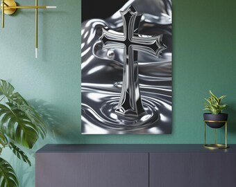 Stylish Chrome Metal Art Sign with Silver Cross Design, Religious Christian Home Decor, Modern Wall Art, Faith-Inspired Gift, Spirituality