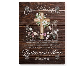 Personalized Bless This Home Glass Plaque, Rustic Christian Wall Art