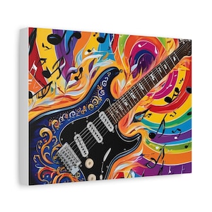 Vibrant Canvas Art, Electric Guitar, Music Notes & Flames, Wall Decor, Home Decor, Music Lover Gift, Guitarist Gift