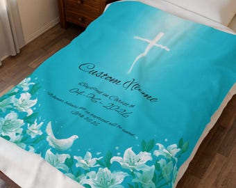 Personalized Baptism Velveteen Plush Blanket | Cross, Doves, Lilies Christian Keepsake