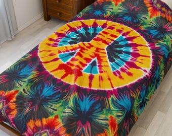 Velveteen Plush Blanket, Vibrant Tie Dye Peace Sign Tapestry Design, Music Festival Boho Blanket, Hippie Home Decor, Cozy Throw Blanket Gift