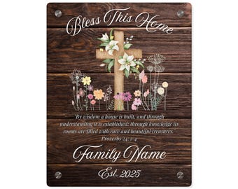 Personalized Christian Glass Plaque Wall Art, Bless This Home, Family Name, Cross, Customizable, Rustic Barn Wood Decor, Housewarming Gift