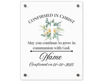 Personalized Christian Confirmation Acrylic Wall Art Panel, Custom Name & Date, Flowery Cross Design, Religious Gift Idea, Home Decor