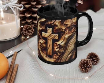 Christian Wooden Cross Black Mug, Jerusalem Olive Wood Grain Ceramic Cup, Religious Gift, Coffee or Tea Mugs, Christian Decor & Kitchenware