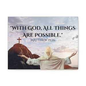 Christian Canvas Art, Cross on Mountain with Jesus Bible Verse, Matthew 19:26, Matte Stretched, Home Decor, Religious Gift, Wall Hanging,
