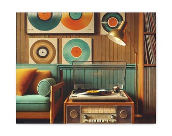 May include: A vintage record player with a wooden cabinet and a turntable with a record on it. The record player is in a room with a couch and a lamp. There are also several framed records on the wall.