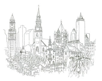 May include: A monochrome line drawing depicting a city skyline with diverse buildings, including churches and skyscrapers. A group of soldiers march in the foreground. The artwork showcases architectural details and historical elements.
