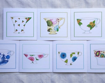 Teacups Greeting Cards Pack, Small Square, Set of 7