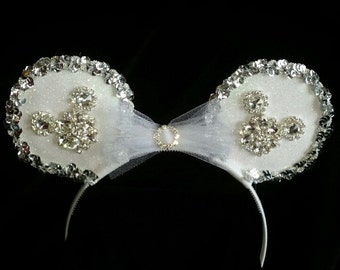 White, Silver, & Rhinestone Mouse Ear Headband - wedding headpiece