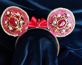 Red & Gold jeweled Rhinestone Mouse Ear Headband