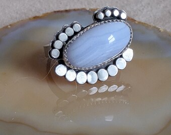 Blue Lace Agate Ring, Semi Precious Gemstone Ring, Hammered sterling beaded design