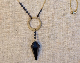 Obsidian Pendulum Necklace, Long Layering Necklace, Mixed Metals Jewelry, Unique Necklace, Gifts for Her, Long Boho Necklaces