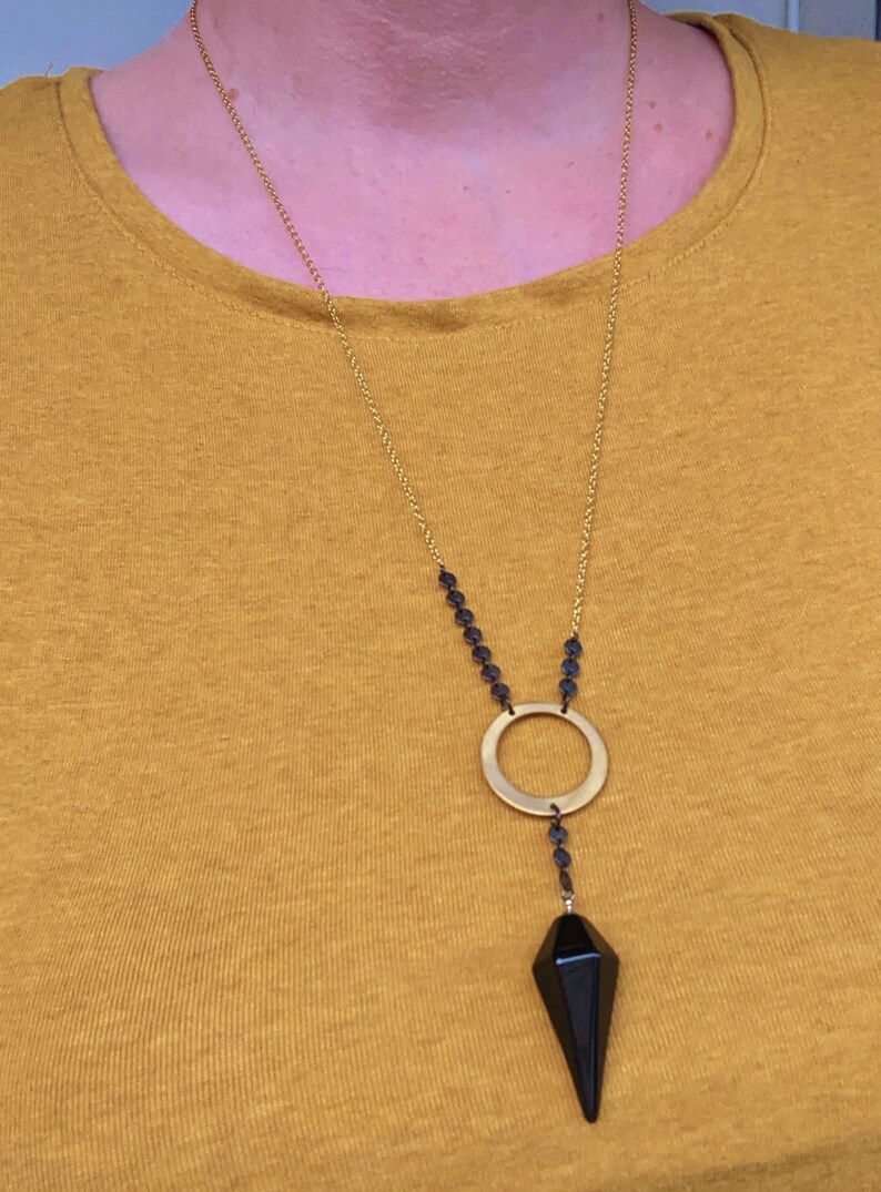 Obsidiaan slinger ketting, lange gelaagdheid ketting, gemengde metalen sieraden, unieke ketting, geschenken voor haar, lange Boho kettingen afbeelding 8