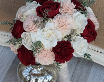 Burgundy, Blush Pink & Ivory Sola Wood Bridal Bouquet