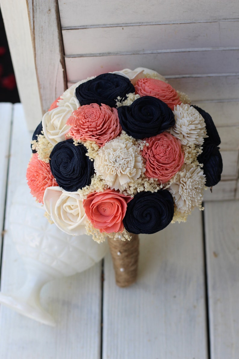Navy Blue Coral Ivory Sola Bouquet Budget Wedding Bouquets Navy Coral Sola Bouquet Peti Sola Bridesmaid Bouquet Set Accessories Weddings Gtforce In