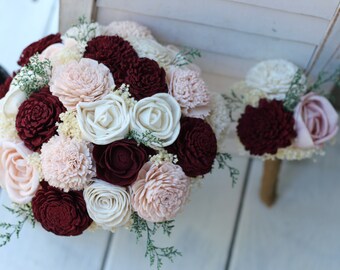 Burgundy, Blush Pink & Ivory Sola Budget Wedding Bouquet Set,  Peti Sola Bridesmaid Bouquet Set, Burgundy Bouquets, Burgundy Wedding