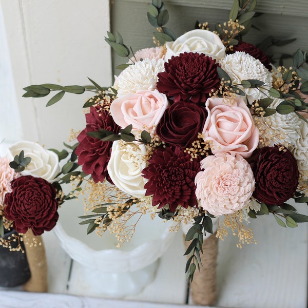 Budget Wedding Bouquets, Burgundy Blush Pink Ivory Sola Bouquets,  Peti Sola Bridesmaid Bouquet Set, Burgundy Bouquets, Burgundy Wedding