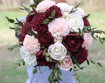 Burgundy/Marsala Blush Pink and Ivory Sola wood flower Wedding Bouquet
