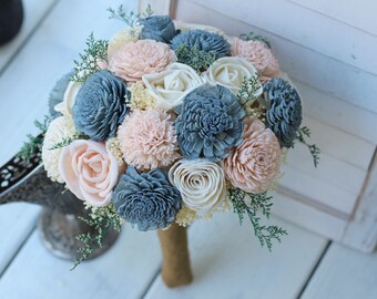 Slate Blue Blush Pink Sola Flower Wedding Bridal Bouquet