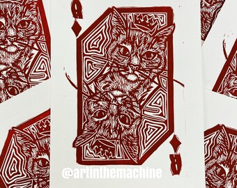QUEEN CAT Linocut Print