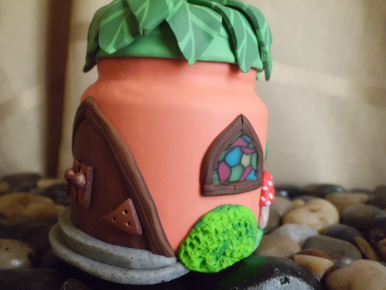 Polymer Clay Fairy House, Trinket Jar, Candle Holder, W/ Stained Glass