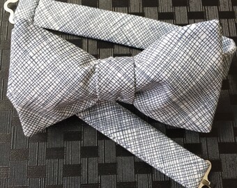 Mens Navy and White Linen Print Bow tie with Optional Matching Pocket Square and Lapel Pin