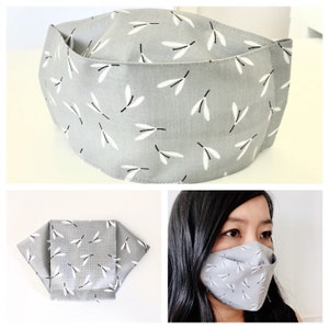 3D Origami Face Mask Reusable Cotton Face Mask with insert for filter Fabric Face Mask Gray Dandelion Seeds image 3