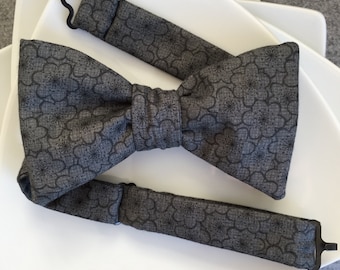 Mens Charcoal Japanese Blossom Print Bow tie with Optional Matching Pocket Square and Lapel Pin