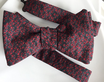 Mens Red and Charcoal Floral Printed Bow tie with Optional Matching Pocket Square and Lapel Pin