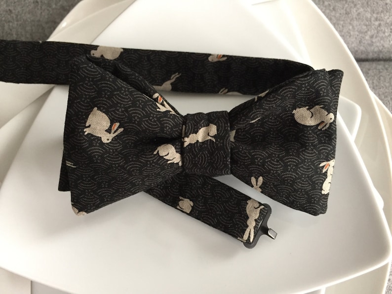 Mens Japanese Rabbit Bow tie with Optional Matching Pocket Square and Lapel Pin image 1