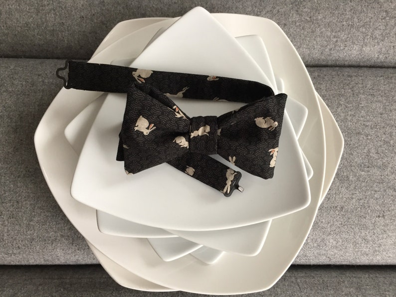 Mens Japanese Rabbit Bow tie with Optional Matching Pocket Square and Lapel Pin image 3