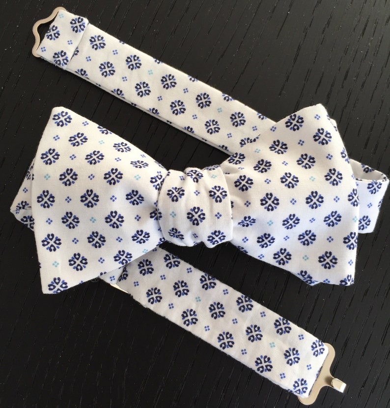 Mens White and Navy Japanese Print Bow tie with Optional Matching Pocket Square and Lapel Pin image 1
