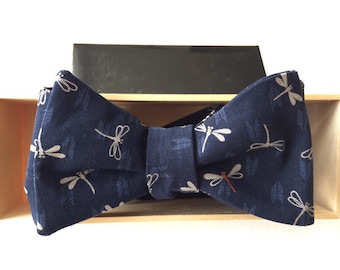 Mens Japanese Dragonfly Bow tie with Optional Matching Pocket Square and Lapel Pin