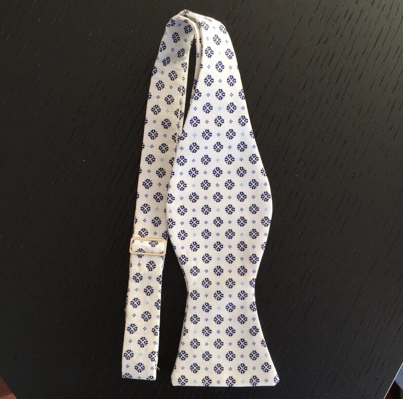 Mens White and Navy Japanese Print Bow tie with Optional Matching Pocket Square and Lapel Pin image 2