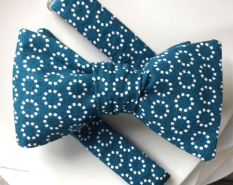 Mens Teal and White Printed Bow tie with Optional Matching Pocket Square and Lapel Pin