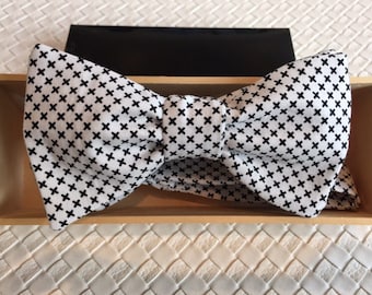 Mens Black and White Cross Print Bow tie with Optional Matching Pocket Square and Lapel Pin