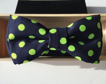 Luxury Navy,  Bright Green or Bright Orange Cotton Embriodered Polka Dot Bow Tie for Baby, Boys, and Adults