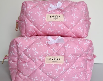Pink Bows Quilted Makeup Bag& Carry All bag, Coquette Aesthetic, Cosmetic Toiletry Travel bag, Gift for Her, Organic Cotton